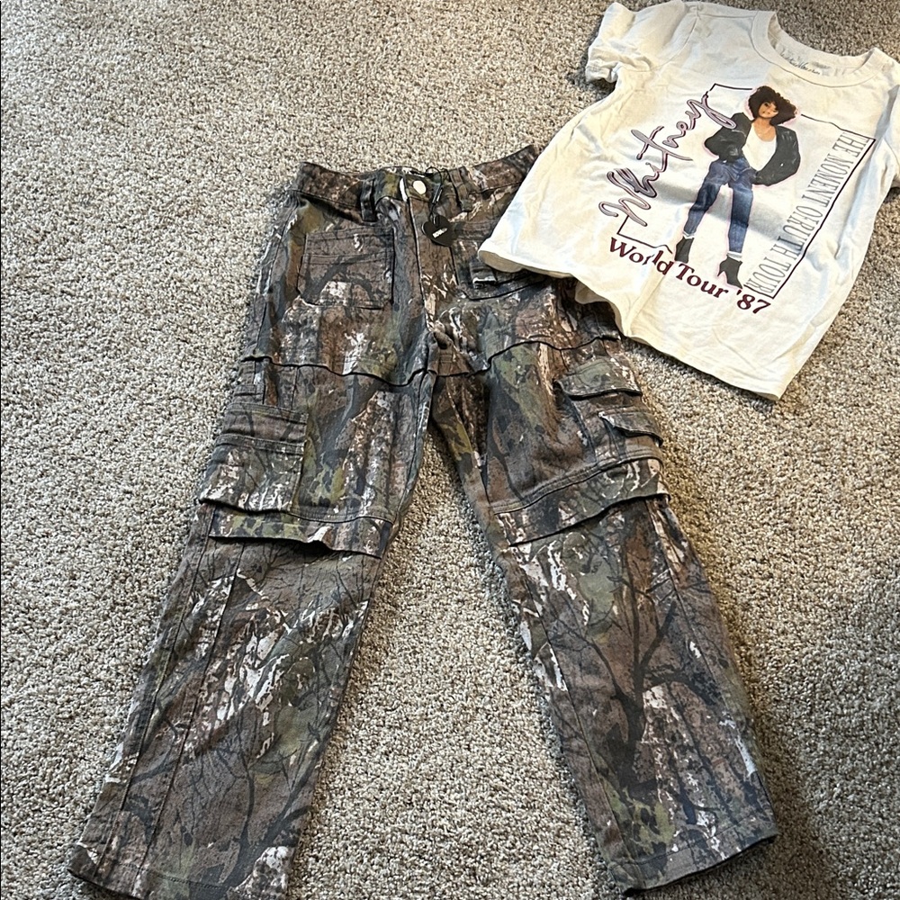 Camo Cargo Pants and Graphic Tee Set Fashion Nova pants New** shirt used.